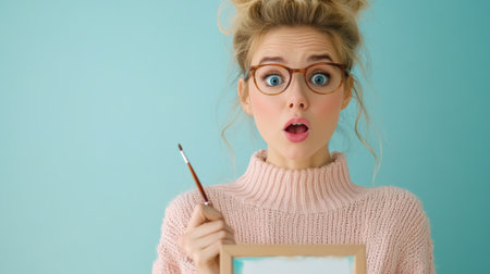 A woman in glasses holding a brush and drawing on paper, AIの素材