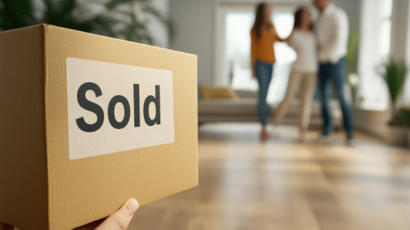 A person holding a sold sign in front of two people, AIの素材