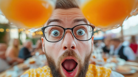 A man with glasses and a beard is looking up at two eggs, AIの素材