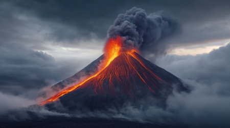 A volcano erupts with lava and smoke coming out of it, AIの素材