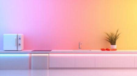 A kitchen with a white refrigerator and plant on counter, AIの素材