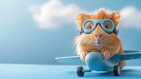 A hamster in goggles and a pilots cap on an airplane, AIの素材