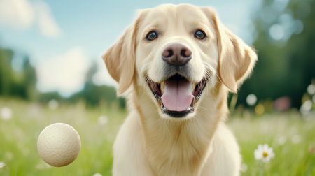 A dog is standing in a field with grass and flowers, AIの素材