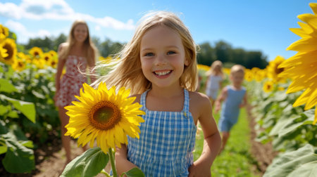 A young girl smiling while standing in front of a sunflower, AIの素材