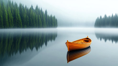 A small boat floating on a lake surrounded by trees, AIの素材