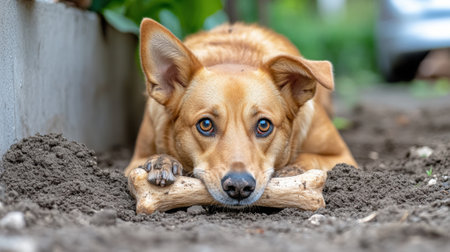 A dog laying down with a bone in its mouth, AIの素材