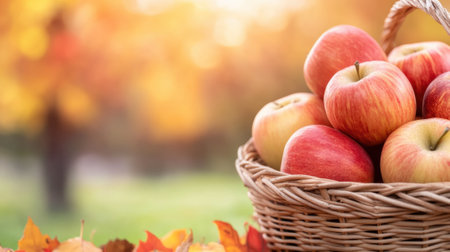 A basket of apples in a wicker basket on the ground, AIの素材