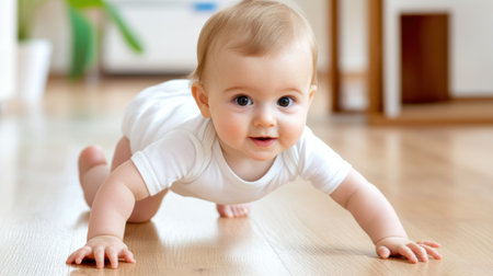 A baby crawling on the floor in a white shirt, AIの素材