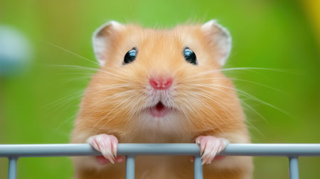 A hamster looking over a metal gate with its mouth open, AIの素材