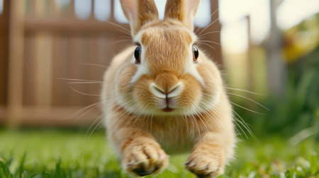 A close up of a rabbit running on the grass in front of a fence, AIの素材