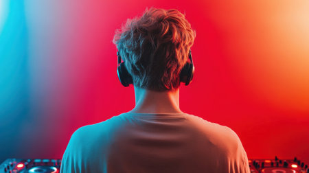 A man with headphones on sitting at a dj booth, AIの素材