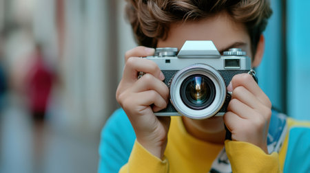 A young boy taking a picture of himself with his camera, AIの素材