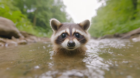 A raccoon swimming in a river with its head sticking out, AIの素材