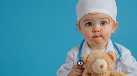 A little girl in a white coat holding up her teddy bear, AIの素材