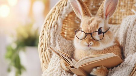 A rabbit wearing glasses and reading a book in the chair, AIの素材