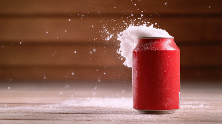 A can of soda being sprinkled on a wooden table, AIの素材