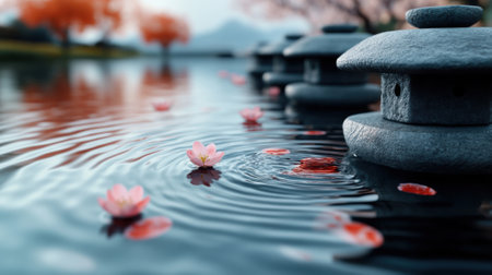 A group of stone pillars with flowers floating in the water, AIの素材