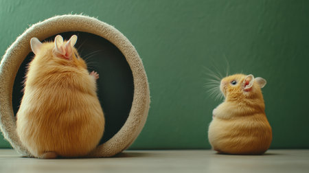 Two small hamsters are sitting next to each other in a cage, AIの素材