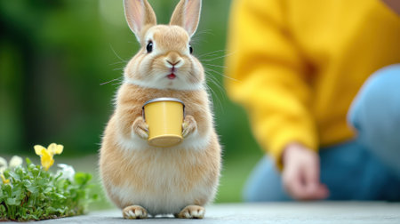 A small brown rabbit with a cup of something in its hands, AIの素材