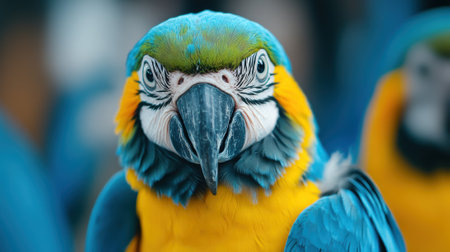A close up of a colorful parrot with blue and yellow feathers, AIの素材