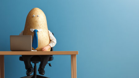 A business potato wearing a tie and sitting at his desk, AIの素材