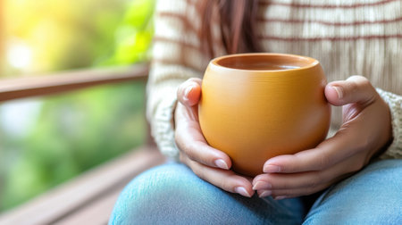 Warm Yerba Mate in Calabash Cup in Womans hands - Comforting Drink Experiences, AIの素材