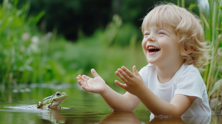 A little girl smiling at a frog in the water, AIの素材
