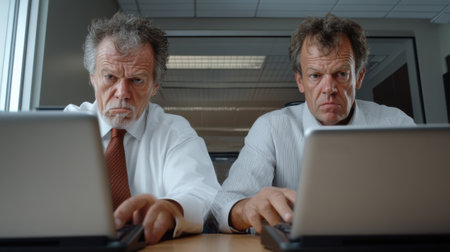 Two men sitting at a table with laptops in front of them, AIの素材