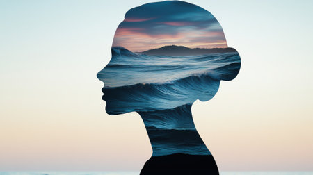 A womans face with waves and ocean in the background, AIの素材