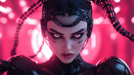 A close up of a woman with chains and red lights, AIの素材