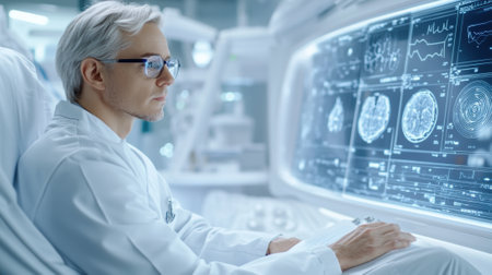 A man in white coat sitting at a desk looking at an image, AIの素材