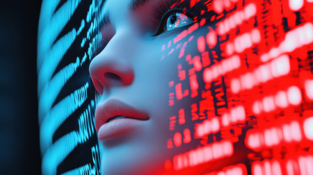 A close up of a womans face with red and blue lights, AIの素材