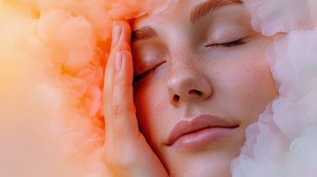 A woman with her eyes closed and a flower on top of her head, AIの素材
