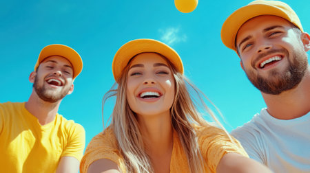 Three people wearing yellow hats and smiling at the camera, AIの素材