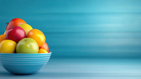 A bowl of fruit is in a blue and white striped cup, AIの素材