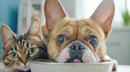 A cat and dog sitting next to each other in a bowl, AIの素材