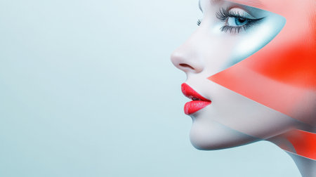 A close up of a womans face with red lips and bright makeup, AIの素材