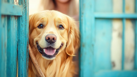 A dog is standing in a doorway with its head sticking out, AIの素材