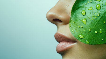 A woman with a leaf on her face and water drops, AIの素材