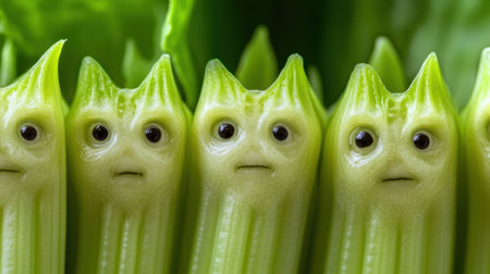 A row of vegetables with faces on them, lined up, AIの素材