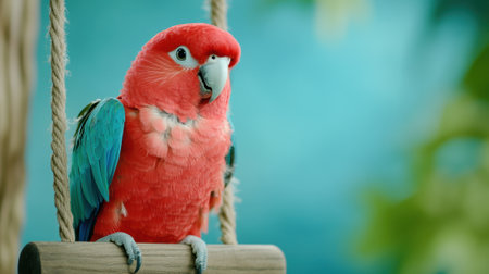A colorful parrot sitting on a wooden swing with green leaves, AIの素材