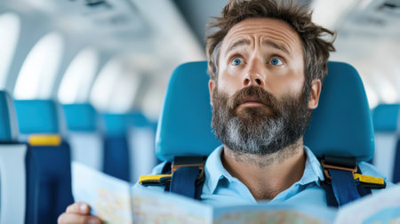 A man with a beard and blue shirt on an airplane, AIの素材