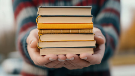 A person holding a stack of books in their hands, AIの素材