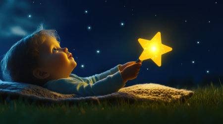 A baby laying on a blanket with star shaped toy in hand, AIの素材