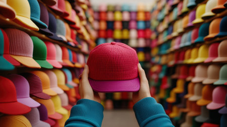 A person holding a red hat in front of many hats, AIの素材