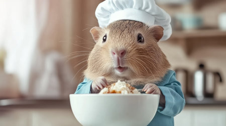 A hamster in chefs hat eating from a bowl of food, AIの素材