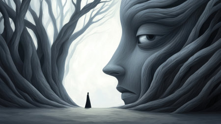 A womans face is surrounded by trees and a black figure, AIの素材