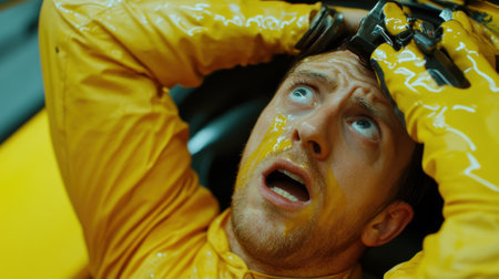 A man in yellow rubber suit with a bottle of something on his head, AIの素材