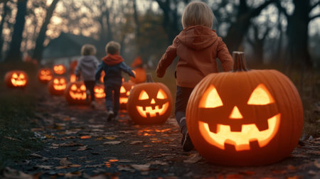 A group of children walking down a path with carved pumpkins, AIの素材