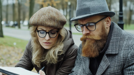 A man and woman sitting on a park bench looking at something, AIの素材